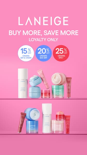 This image ad is for Laneige brand skincare. It advertises a "Buy More, Save More" promotion for loyalty membe