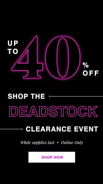 This is a paid social media ad promoting a deadstock clearance event. The ad features a black background with pink neon 