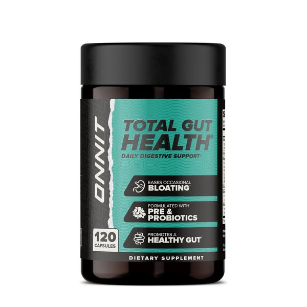 This ad features a bottle of Onnit Total Gut Health dietary supplement. The ad highlights the product's benefits, su