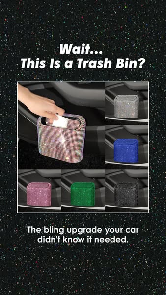 This image ad presents a bedazzled car trash can as a stylish upgrade. It highlights the product's unique design and