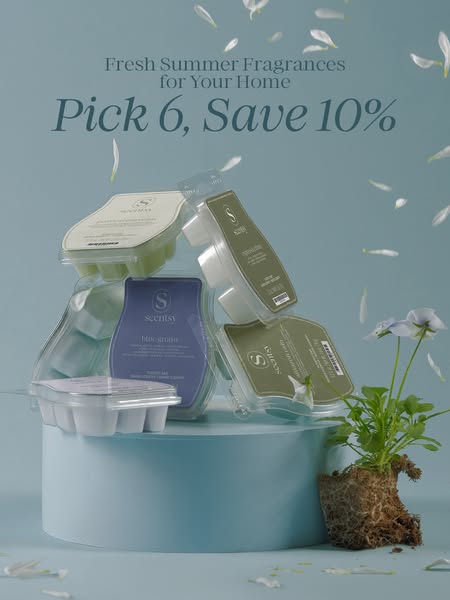 This image ad promotes Scentsy wax melts by offering a discount if you purchase six of them. The ad features a stack of 