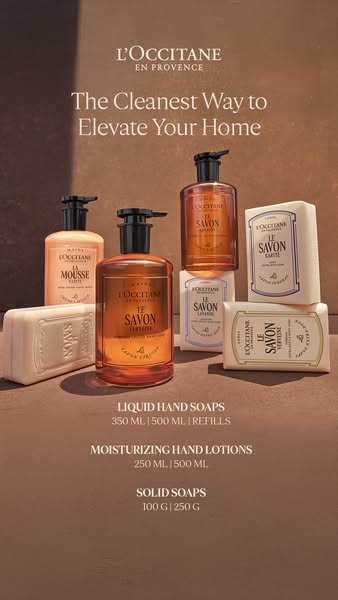 This image ad for L'Occitane promotes their line of home soaps and lotions. The hero image features multiple product
