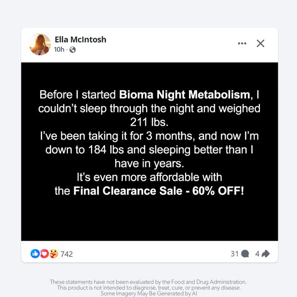 This ad features a testimonial from Ella McIntosh, who shares her positive experience with Bioma Night Metabolism. She h