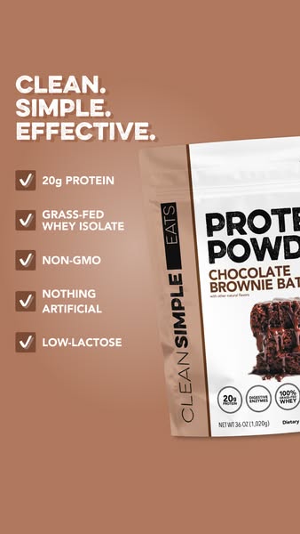 This ad is for Clean Simple Eats protein powder. It highlights its key features, such as having 20g of protein, grass-fe