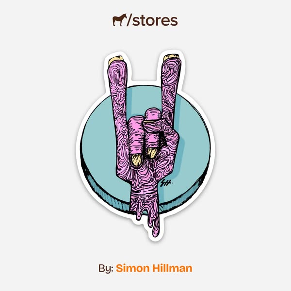 This image ad features a sticker design of a hand making the 'rock on' hand gesture. The design is stylized with