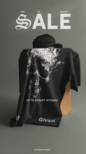 This ad promotes the Gymreapers brand and an end-of-season sale, featuring a t-shirt with a skull graphic and a baseball