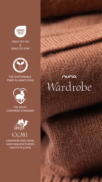 This image ad for Nuna Wardrobe highlights the brand's commitment to sustainability and quality materials. The ad fe