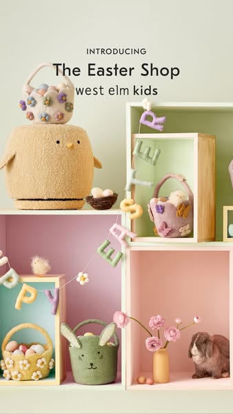 This ad for West Elm Kids features a variety of Easter-themed baskets and decorations displayed on a shelf.