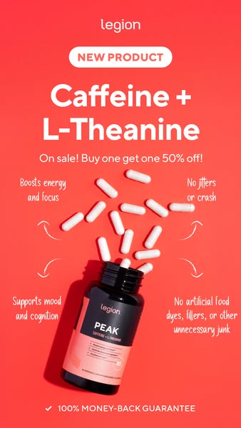 This ad promotes Legion's Peak supplement, highlighting its benefits of boosting energy and focus without jitters or