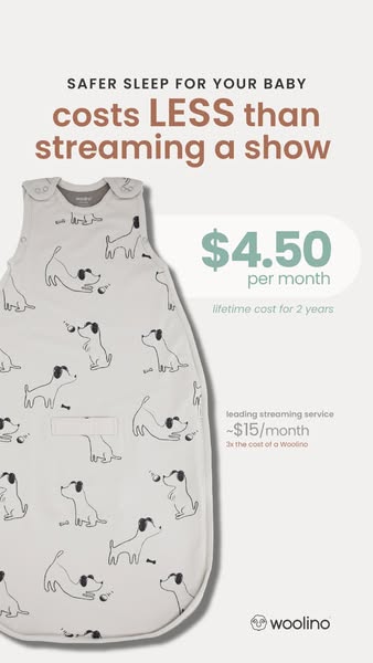 This ad compares the cost of a Woolino baby sleep sack to the cost of a streaming service subscription, highlighting the
