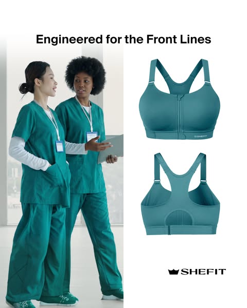 This image ad features Shefit sports bras with the headline, "Engineered for the Front Lines." Two women weari