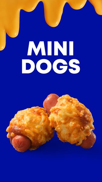 This ad features cheesy mini hot dogs against a blue background with cheese sauce dripping from the top, meant to grab a