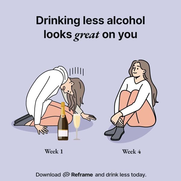 The ad shows a before and after scenario of drinking less alcohol using the Reframe app. The left side shows a woman in 