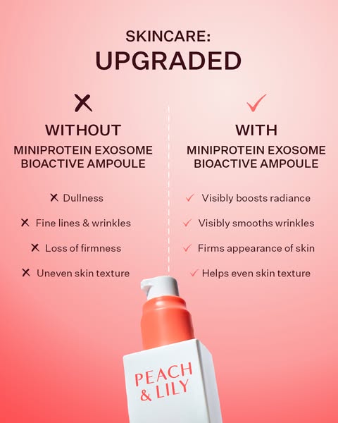 This ad compares the before and after effects of using the Miniprotein Exosome Bioactive Ampoule, highlighting the visua