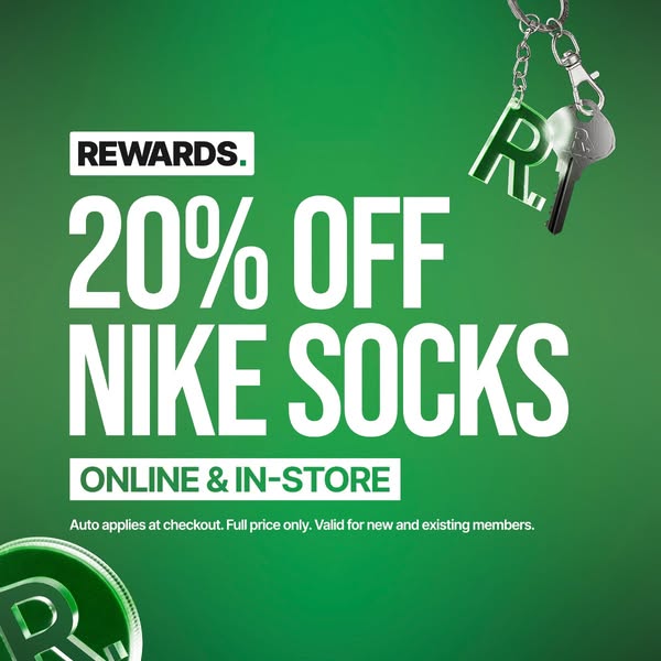 This ad from Nike offers 20% off Nike socks for rewards members, available online and in-store. The ad emphasizes the be