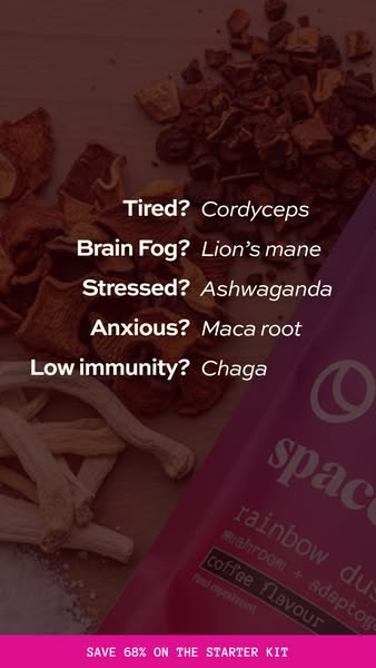 This ad uses a problem/solution format to highlight the benefits of Space Goods' rainbow dust mushroom and adaptogen
