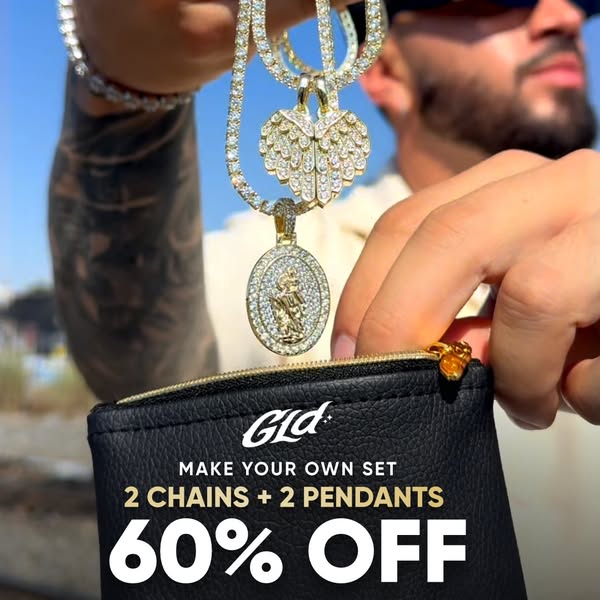 This ad for GLD features a man holding two diamond-encrusted chains and pendants over a black pouch, advertising a 60% o