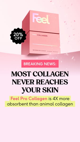 This ad for Feel Pro Collagen highlights that most collagen never reaches your skin, then claims that Feel Pro Collagen 