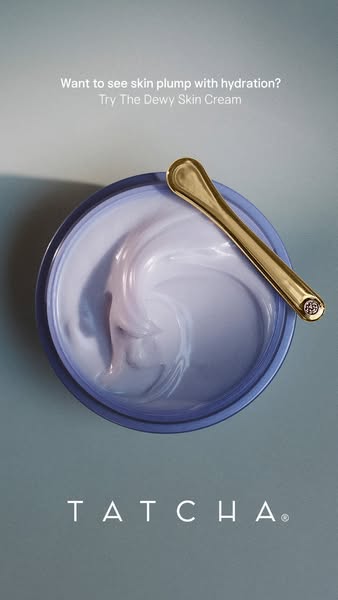 This ad promotes Tatcha's The Dewy Skin Cream by highlighting its hydrating properties. The ad features a close-up o