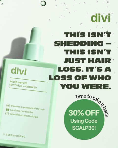This single image ad for Divi scalp serum emphasizes the emotional impact of hair loss, framing it as a loss of identity