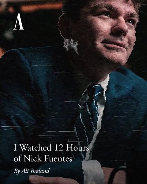 This image ad features a man in a suit with a glitch effect, overlaid with text about watching 12 hours of Nick Fuentes 