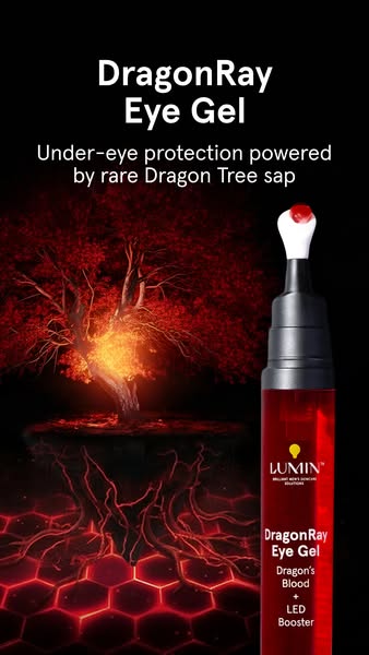 This ad promotes Lumin's DragonRay Eye Gel, highlighting its under-eye protection powered by rare Dragon Tree sap. T