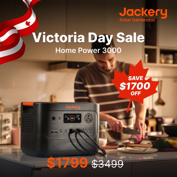 This image ad for Jackery promotes their Home Power 3000 generator during the Victoria Day Sale. The ad shows the genera