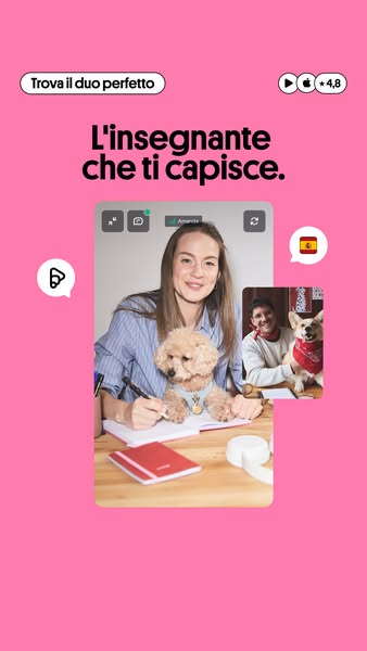 This ad for a language learning app features a screenshot of a video call between two people, each with their dogs, to h
