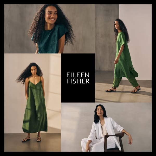 This ad for Eileen Fisher showcases a variety of linen clothing in natural colors. The ad uses a collage-style layout wi