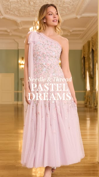 This ad features a woman wearing a light pink gown with a one-shoulder strap in front of an opulent room. Overlay text s