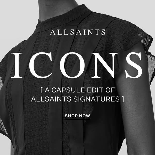 This ad promotes AllSaints' signature collection of clothing, using a close-up shot of a woman's black dress, al