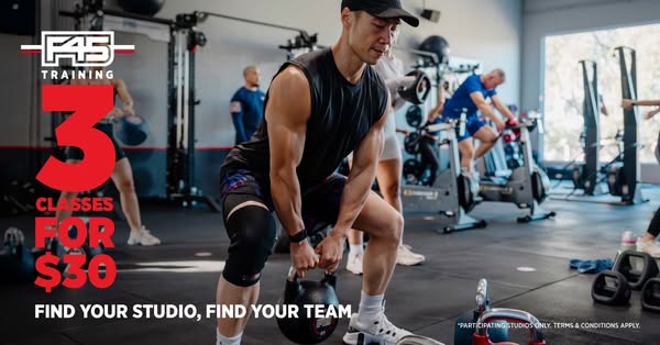 This image ad for F45 Training promotes a limited-time offer of 3 classes for $30. The ad features an active gym environ