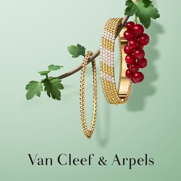 An image showcasing two Van Cleef & Arpels bracelets dangling from a branch with red berries.
