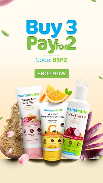 This ad for Mamaearth promotes three skincare products (Multani Mitti Face Wash, Vitamin C Daily Glow Sunscreen, and Oni