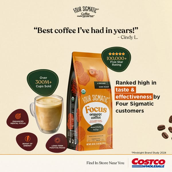 This image ad for Four Sigmatic Focus organic coffee highlights the product's taste, effectiveness, and mental clari