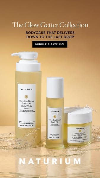 This ad is showcasing the Naturium Glow Getter Collection. It highlights the bodycare products' ability to deliver a