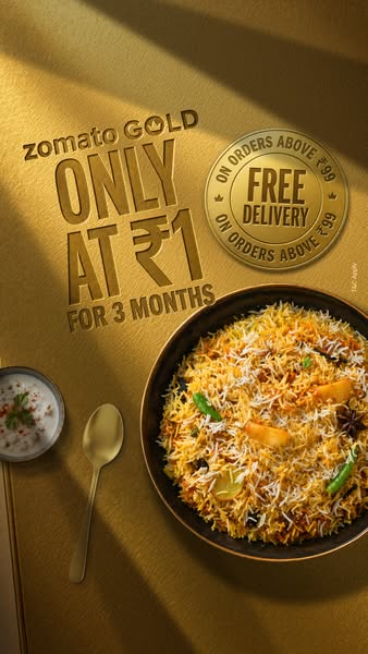 This image ad for Zomato promotes Zomato Gold membership for only ₹1 for 3 months with free delivery on orders above ₹99