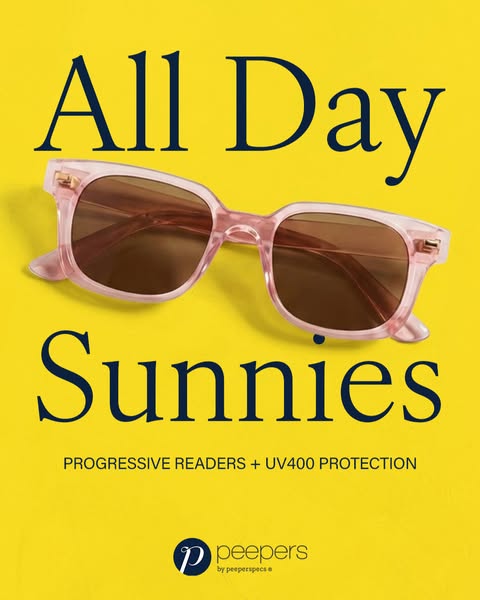 This ad for peepers eyewear features a pair of pink framed progressive reader sunglasses on a yellow background. The ad 