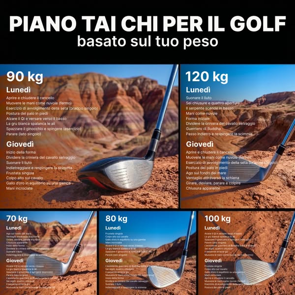 This ad uses a grid layout to present different golf exercises. It presents different exercises for different weight cat