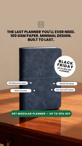 This ad promotes a modular planner from MINDSKTP, highlighting its premium paper, minimal design, and durability. It als