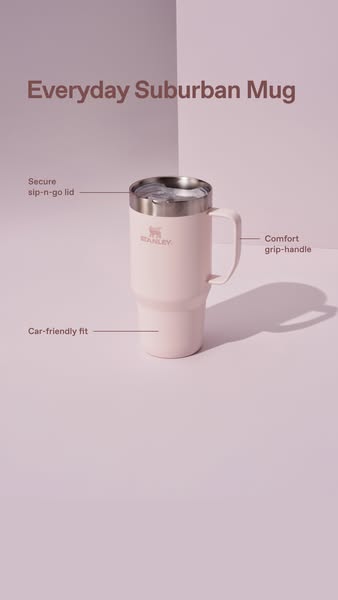 This ad showcases the Stanley Everyday Suburban Mug, highlighting its features such as a secure sip-n-go lid, comfort gr