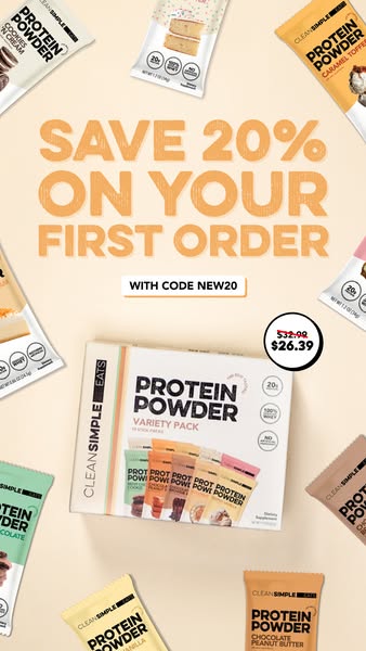 This image ad promotes Clean Simple Eats protein powder, offering a 20% discount on the first order with code NEW20. The