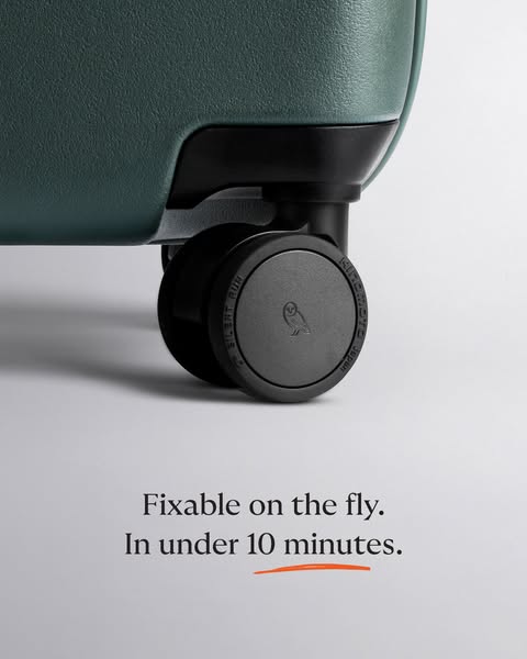 This ad highlights the fixable wheel feature of the brand's luggage. The ad shows a close up of the wheel and states