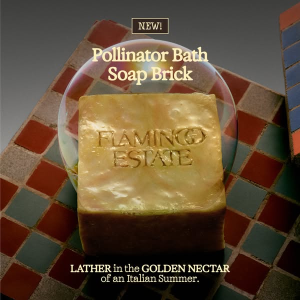 This ad showcases Flamingo Estate's Pollinator Bath Soap Brick. The ad aims to evoke the essence of an Italian Summe