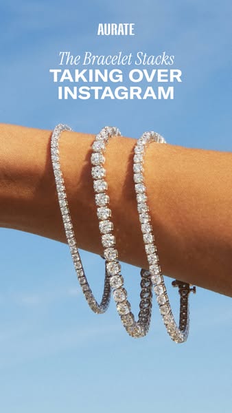 This image ad for Aurate features a close-up of three diamond tennis bracelets stacked on a woman's arm against a bl