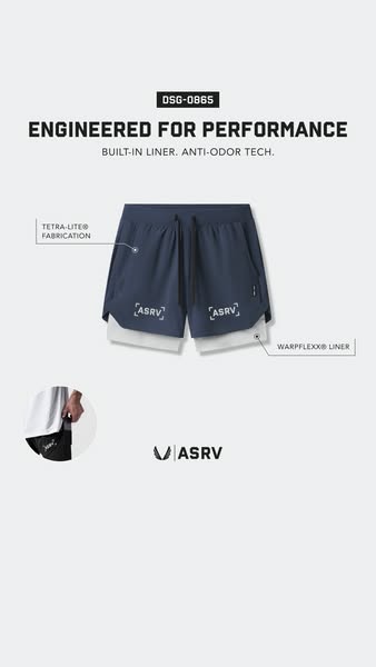 This ad showcases ASRV athletic shorts, highlighting their performance-driven design and technical features like built-i