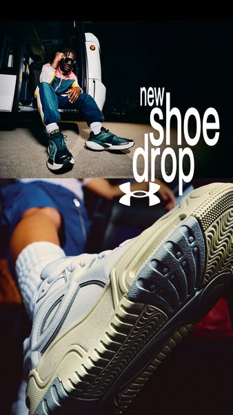 This ad uses a split screen with lifestyle imagery to highlight the new shoe drop from Under Armour.