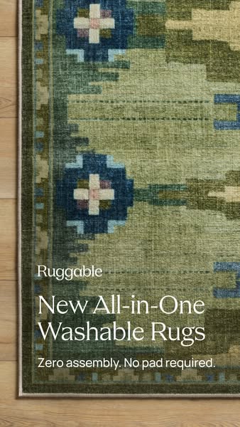 This image ad for Ruggable promotes their new all-in-one washable rugs, highlighting the convenience of zero assembly an
