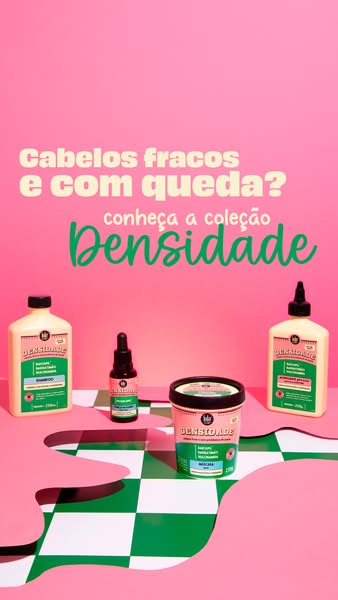 This ad is for the Densidade hair care collection. It shows four hair products against a pink backdrop with text at the