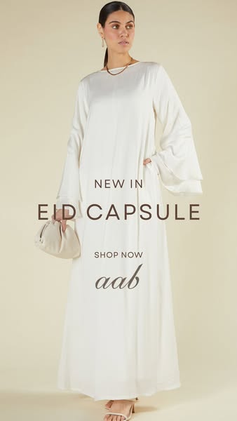 This ad is for Aab, advertising a new Eid capsule collection. The ad features a woman modeling a white dress.